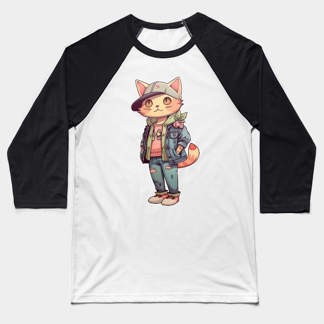 A cute kitty wearing street fashion Baseball T-Shirt by AestheticsArt81